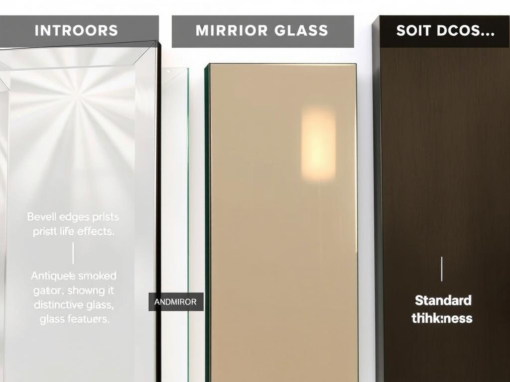 Close-up of different mirror glass qualities showing beveled edges and antiqued finishes Close-up of different mirror glass qualities showing beveled edges and antiqued finishes