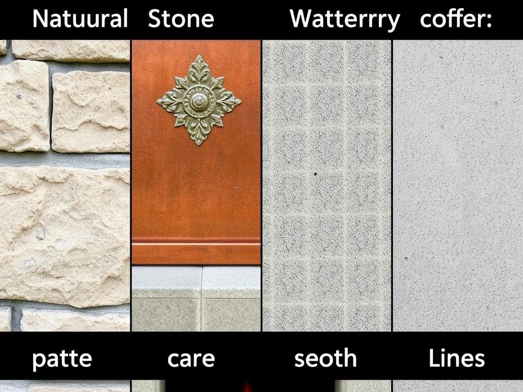 Close-up of different outdoor fireplace materials: stone, metal, and concrete