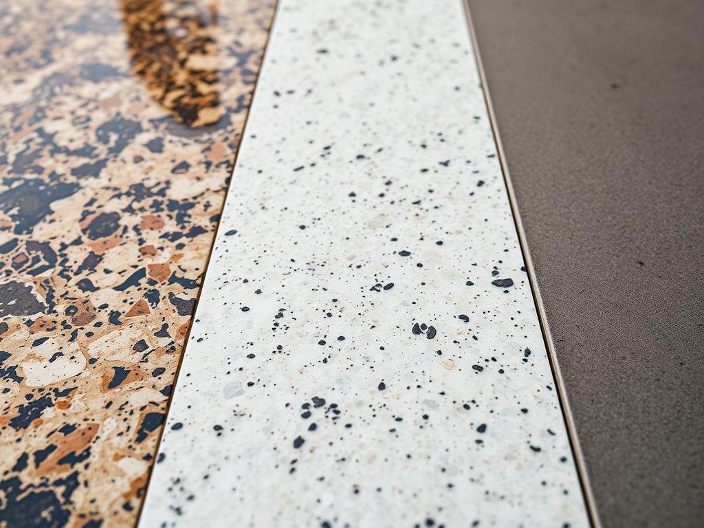 Close-up of luxury outdoor kitchen countertop materials including granite, quartzite, and concrete