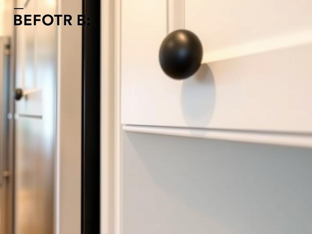 Close-up of updated cabinet hardware in a small kitchen renovation Close-up of updated cabinet hardware in a small kitchen renovation