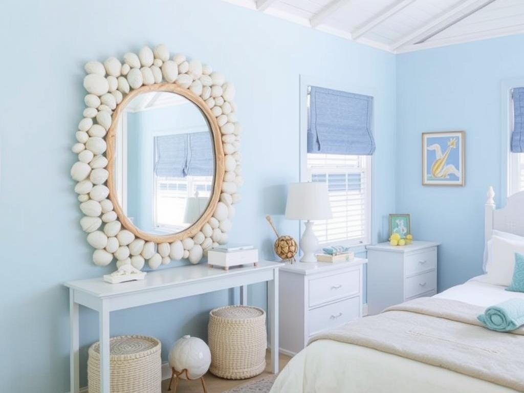 Coastal bedroom with shell-framed mirror and beach decor Coastal bedroom with shell-framed mirror and beach decor