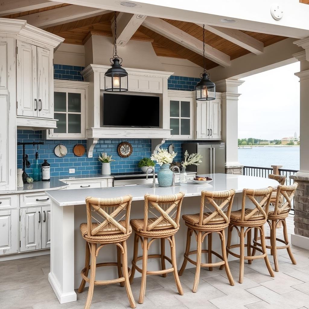 Coastal elegant outdoor kitchen with blue and white color scheme