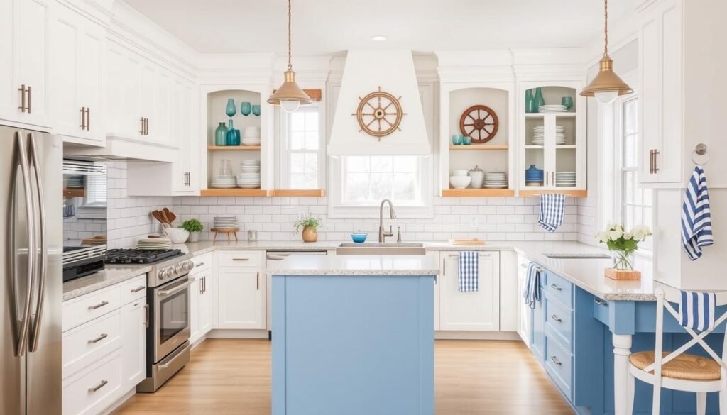 Coastal kitchen with white cabinets, blue island, and nautical accents