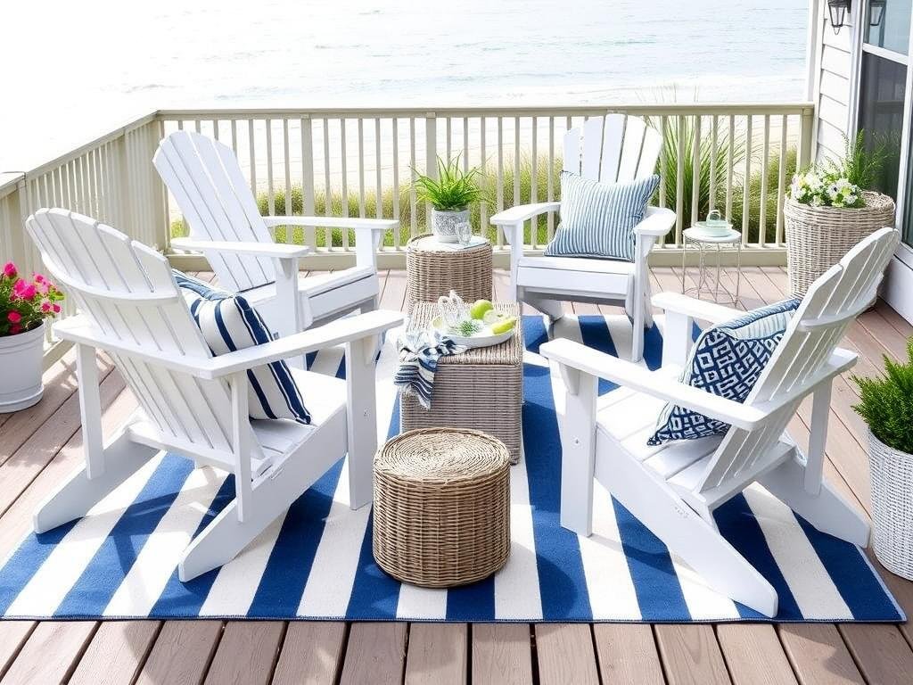 Coastal-style outdoor furniture with blue and white color scheme