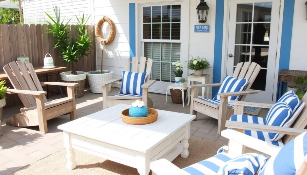 Coastal-style outdoor furniture with weathered wood, blue and white colors, and nautical elements Coastal-style outdoor furniture with weathered wood, blue and white colors, and nautical elements