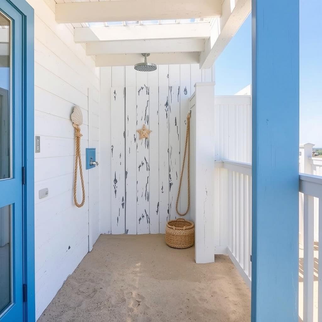 Coastal style outdoor shower with blue accents and weathered wood