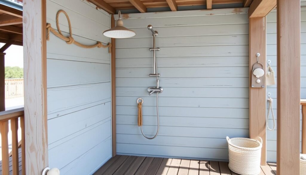 Coastal style outdoor shower with weathered wood and nautical accents