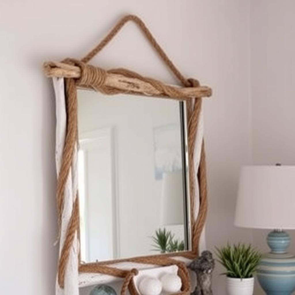 Coastal style room with mirror featuring nautical elements Coastal style room with mirror featuring nautical elements