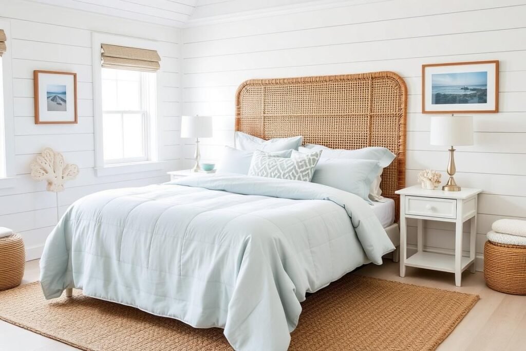 Coastal-themed bedroom with blue and white color scheme and natural textures