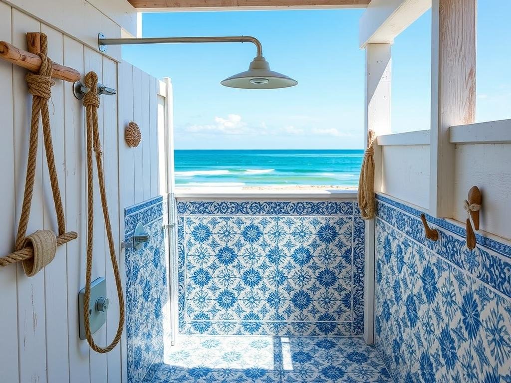 Coastal-themed outdoor shower with blue and white tiles and driftwood accents