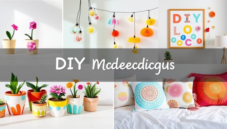 Collage of cute DIY room decor projects including painted pots, string lights, and wall art