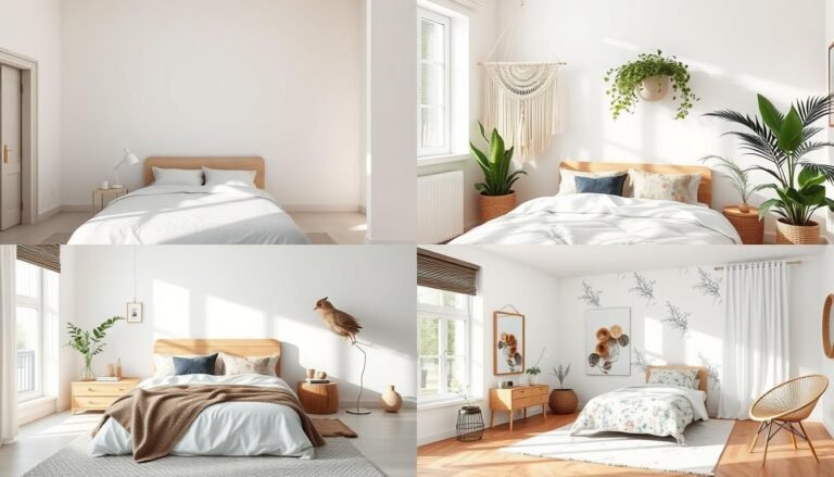 Collage of different aesthetic room styles including minimalist, bohemian, and cottagecore bedrooms