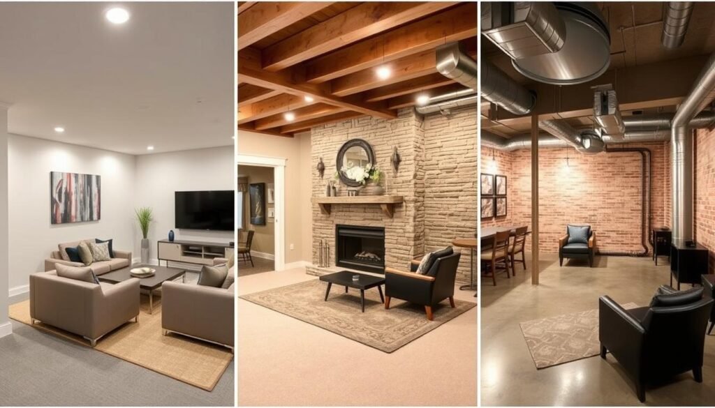 Collage of different basement design themes including modern, rustic, and industrial styles Collage of different basement design themes including modern, rustic, and industrial styles