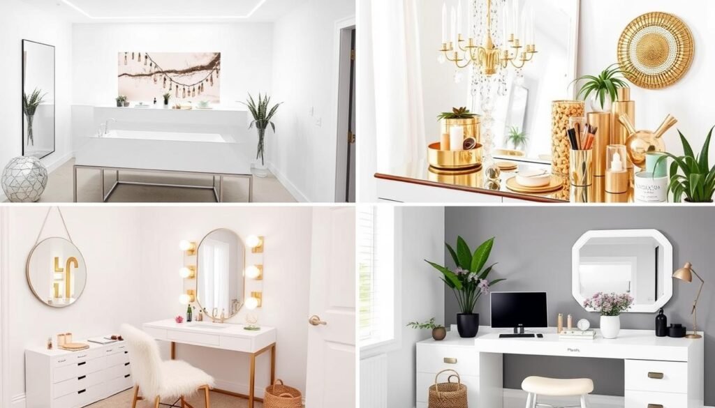 Collage of different beauty room style themes from minimalist to glam