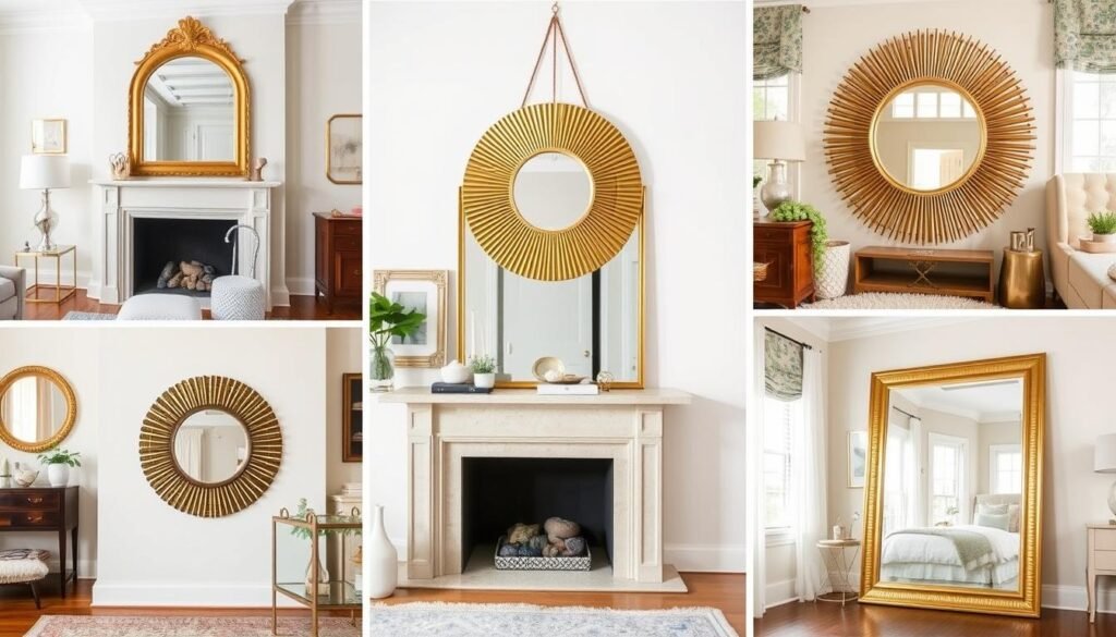 Collage of different gold mirrors styled in various rooms showing versatility Collage of different gold mirrors styled in various rooms showing versatility