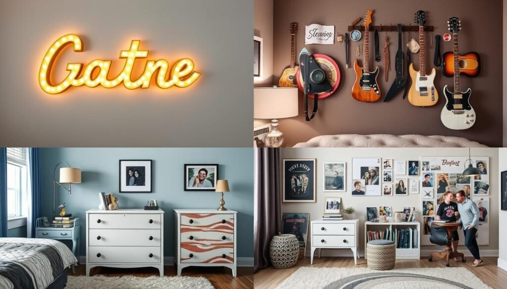 Collage of personalized teen room elements including custom name signs, hobby displays, and DIY projects Collage of personalized teen room elements including custom name signs, hobby displays, and DIY projects