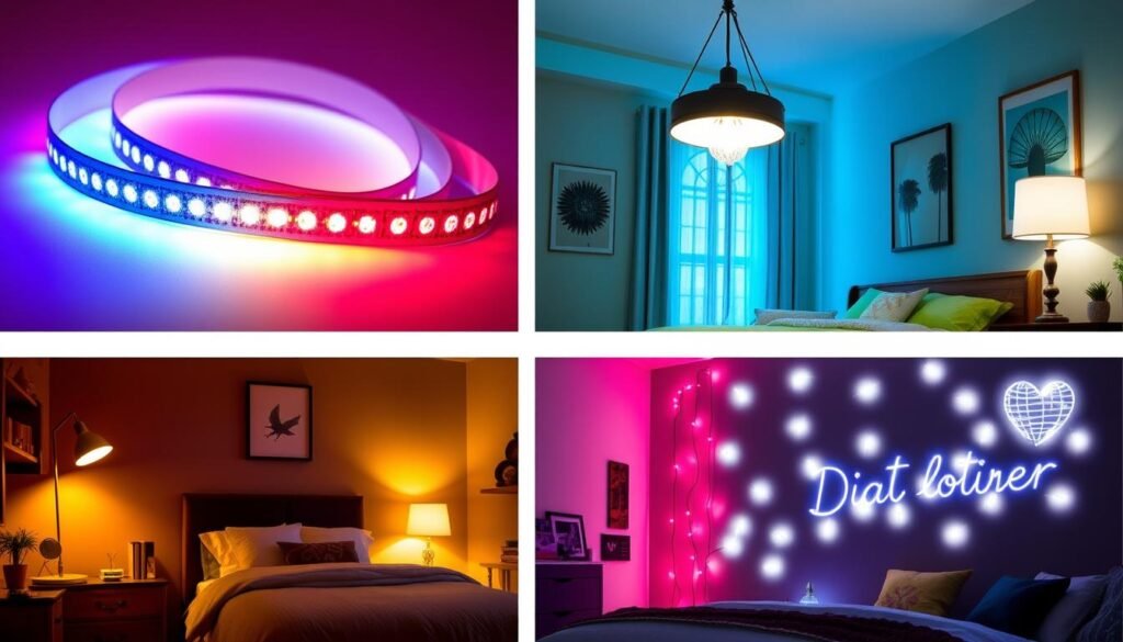 Collage of teen room lighting options including LED strips, statement fixtures, and task lighting Collage of teen room lighting options including LED strips, statement fixtures, and task lighting
