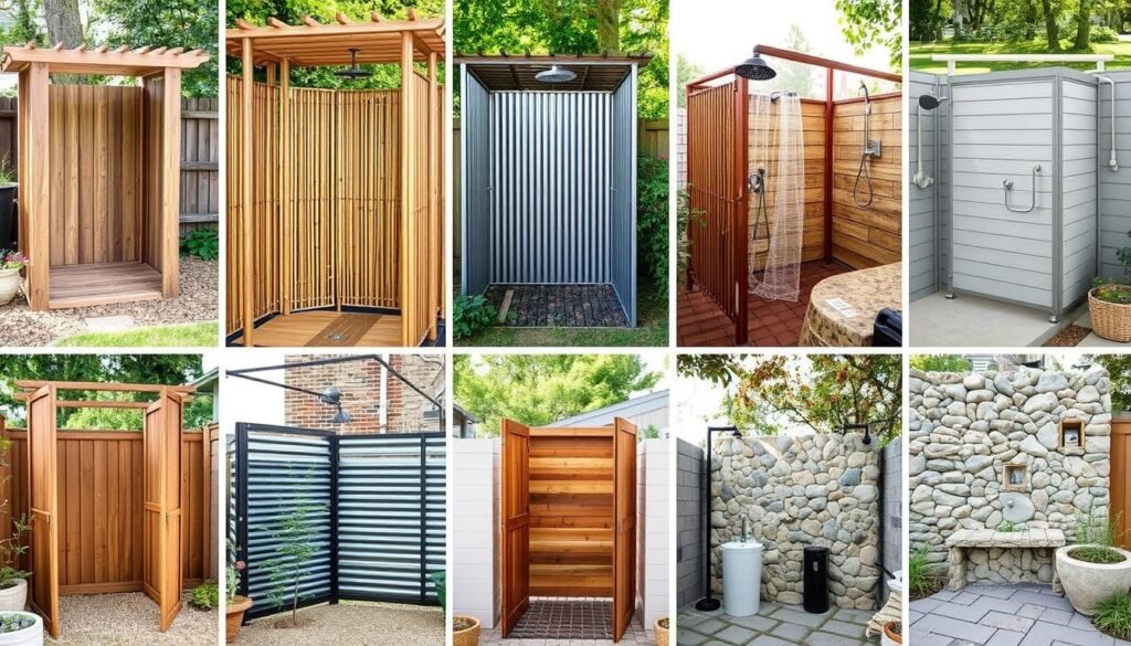 Collage of various DIY outdoor shower styles and designs Collage of various DIY outdoor shower styles and designs