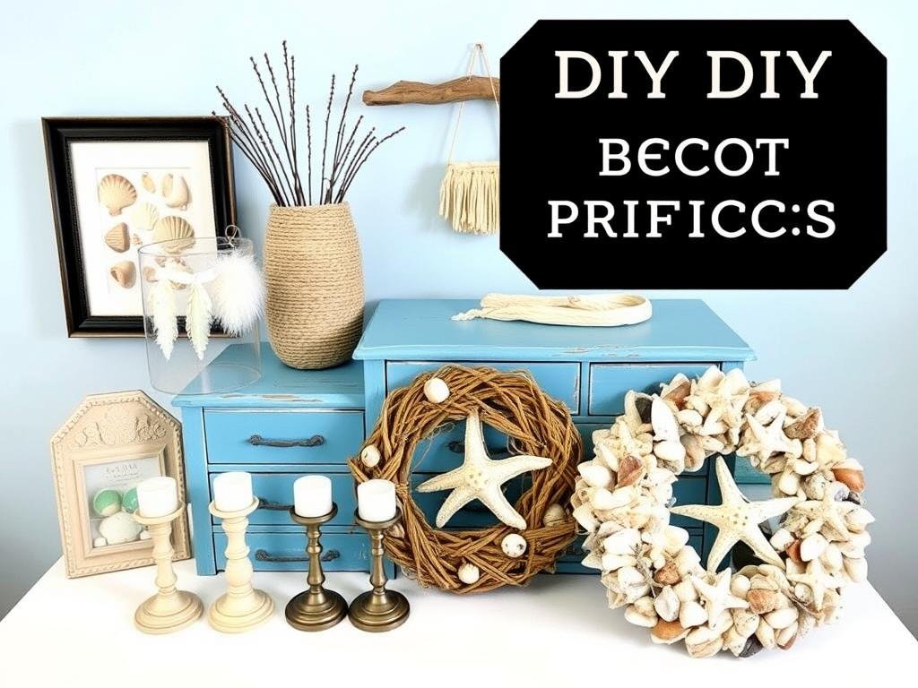 Collection of DIY beach decor projects including shell art, rope crafts, and painted furniture