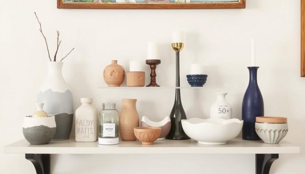 Collection of DIY decorative accents including candle holders, vases, and small sculptures