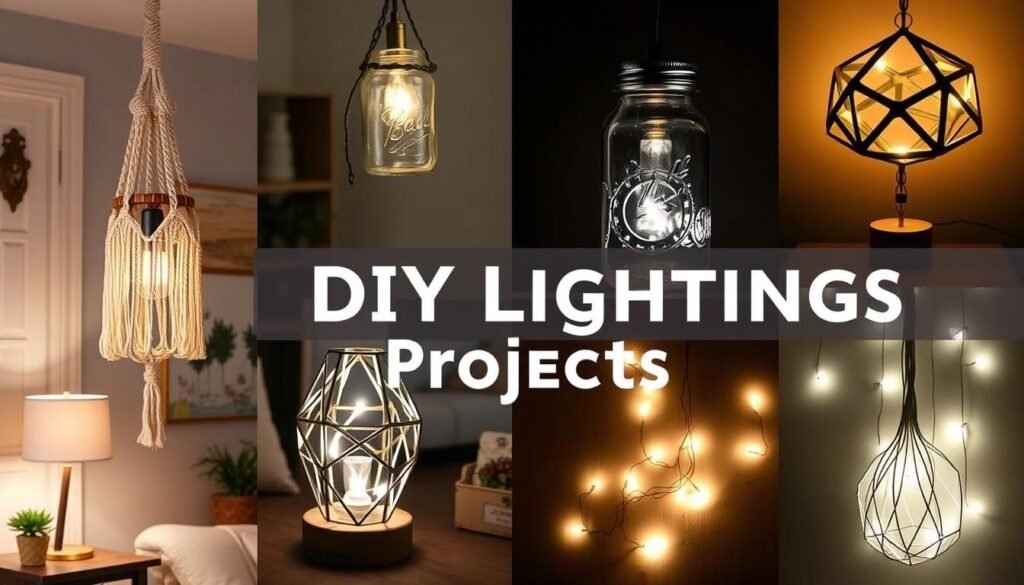 Collection of DIY lighting projects including pendant lamps, string lights, and table lamps