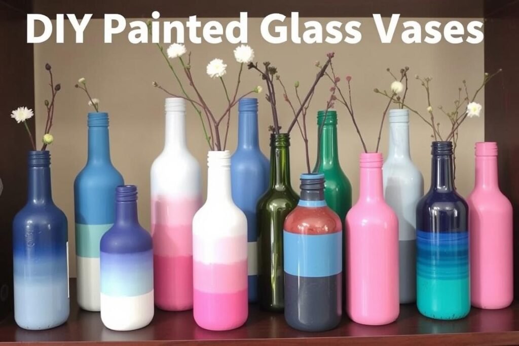 Collection of DIY painted glass vases in various colors and patterns