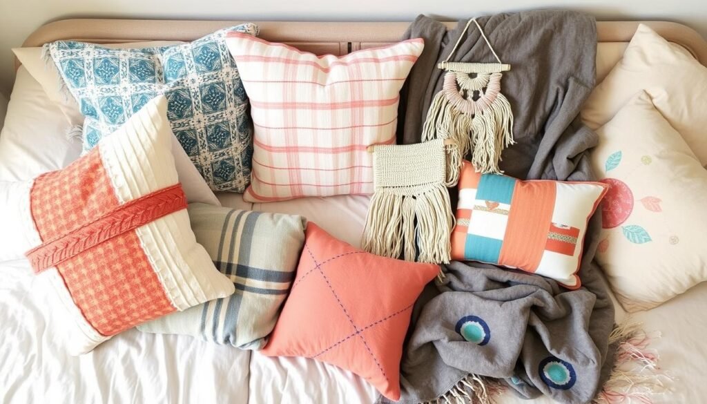 Collection of DIY textile projects including pillows, tapestries, and fabric wall art