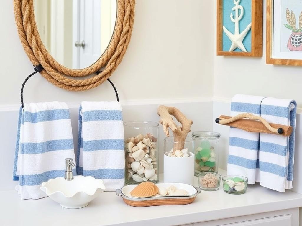 Collection of beach bathroom accessories including shell soap dishes, blue towels, and nautical decor
