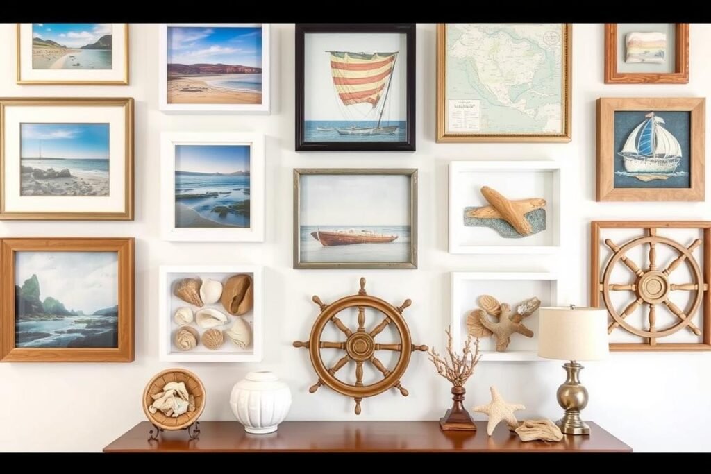 Collection of beach-themed wall art and accent pieces including seascapes, shell collections, and driftwood sculptures