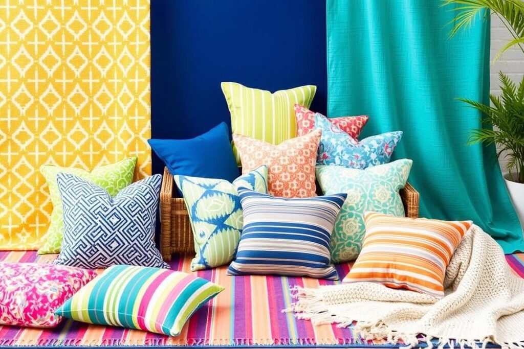 Collection of colorful outdoor textiles including rugs, pillows, and throws
