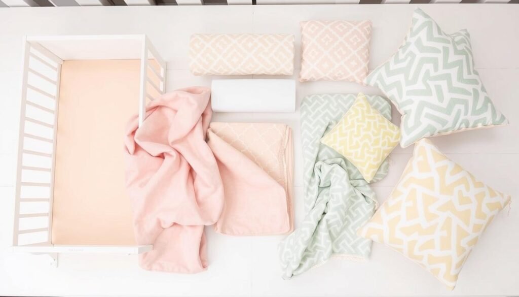 Collection of coordinating baby room textiles including blankets, pillows, and crib sheets in a cohesive color scheme