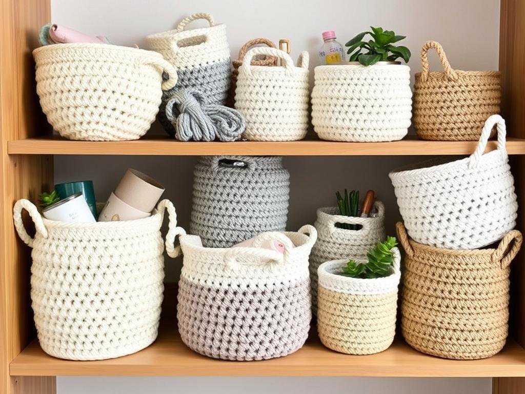Collection of crochet baskets in various sizes and neutral colors Collection of crochet baskets in various sizes and neutral colors