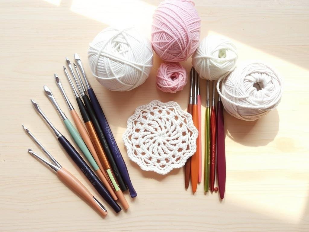 Collection of crochet hooks in various sizes with yarn and a project in progress Collection of crochet hooks in various sizes with yarn and a project in progress