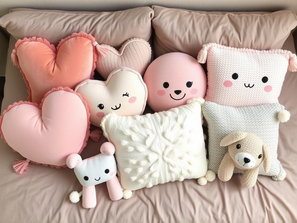 Collection of cute decorative pillows and plushies arranged on a bed, featuring different textures, shapes, and patterns Collection of cute decorative pillows and plushies arranged on a bed, featuring different textures, shapes, and patterns