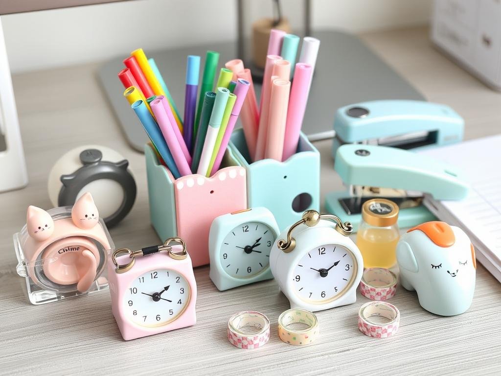 Collection of cute desk accessories including animal-shaped organizers, colorful stationery, and decorative office supplies Collection of cute desk accessories including animal-shaped organizers, colorful stationery, and decorative office supplies