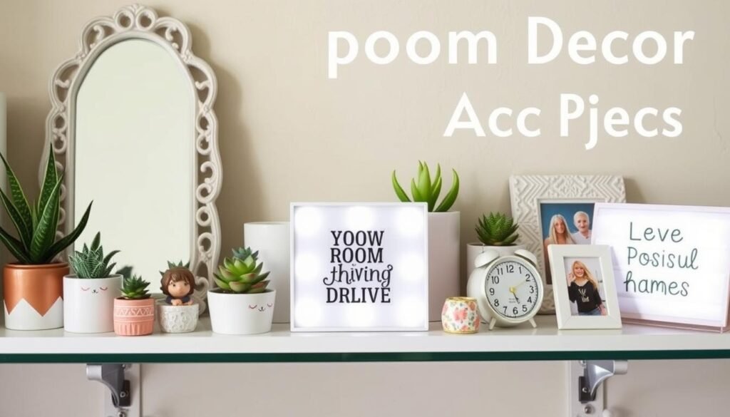 Collection of cute room decor accent pieces including a decorative mirror, small plants, candles, and figurines arranged on shelves Collection of cute room decor accent pieces including a decorative mirror, small plants, candles, and figurines arranged on shelves