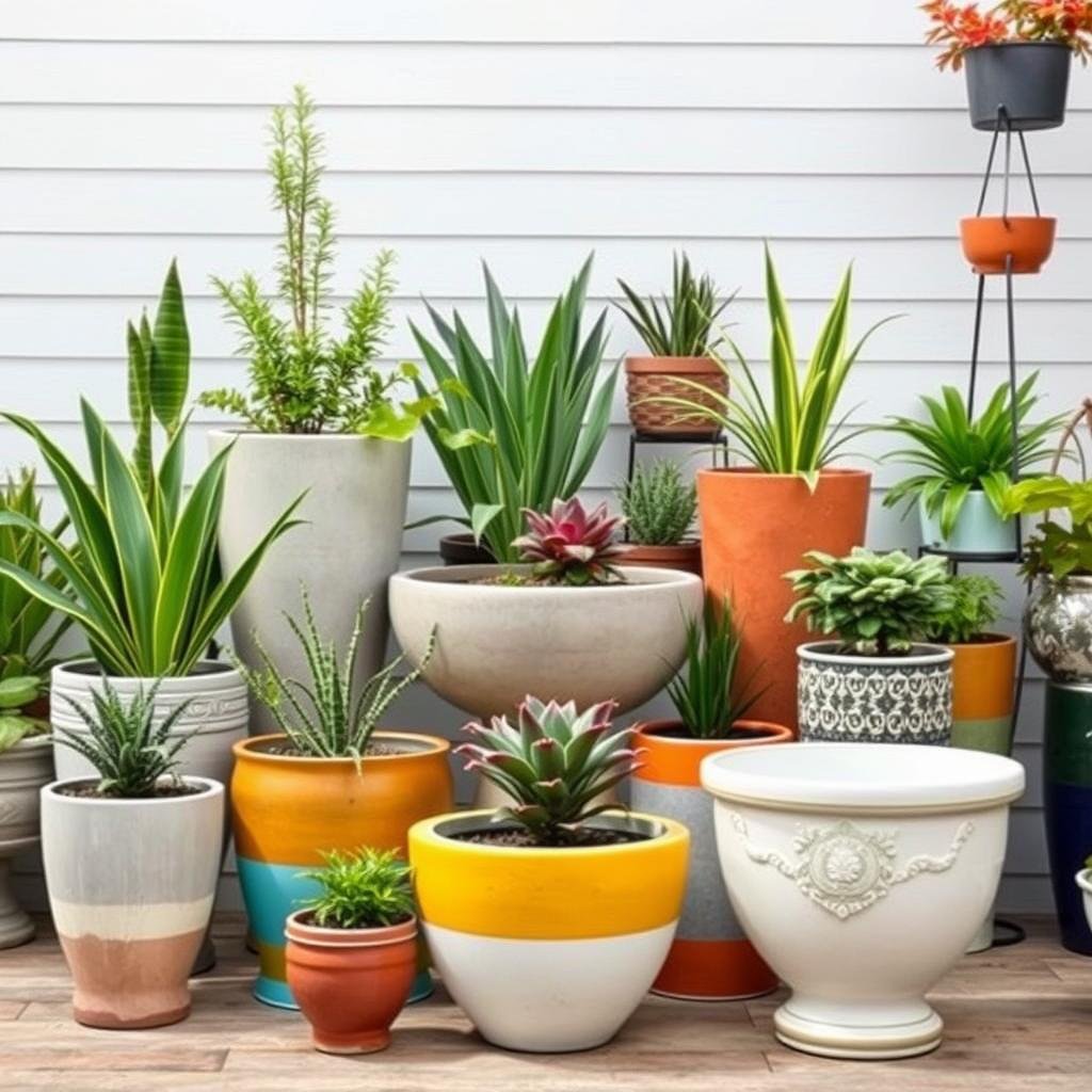 Collection of decorative outdoor planters in various styles and sizes