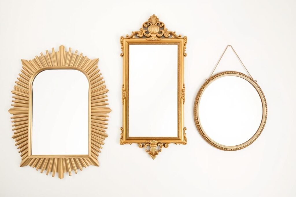 Collection of different gold mirror styles including sunburst, rectangular, and oval designs Collection of different gold mirror styles including sunburst, rectangular, and oval designs