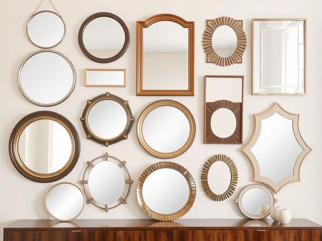 Collection of different mirror shapes including round, oval, rectangular, and unusual shapes Collection of different mirror shapes including round, oval, rectangular, and unusual shapes