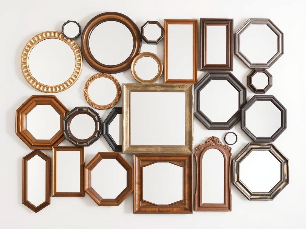 Collection of different shaped mirrors arranged on wall Collection of different shaped mirrors arranged on wall