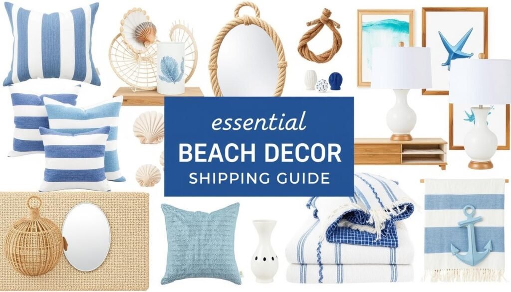 Collection of essential beach decor items including textiles, accessories, and furniture pieces