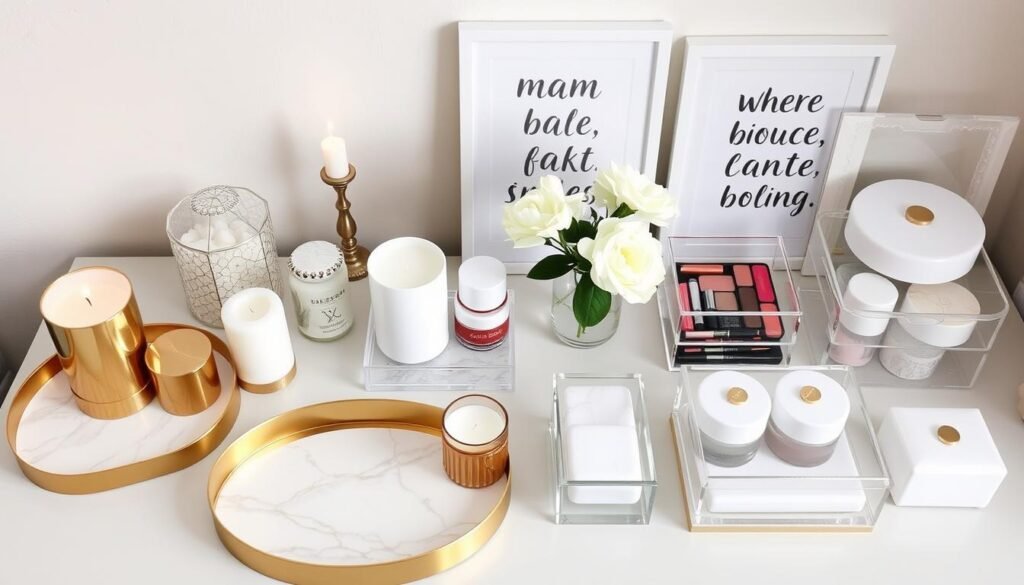 Collection of essential beauty room decor items including trays, candles, and organizers