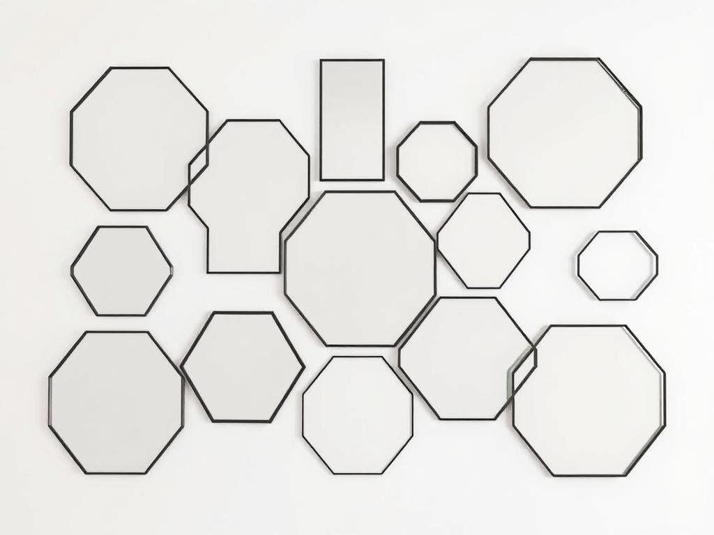 Collection of geometric modern mirrors arranged on a minimalist wall Collection of geometric modern mirrors arranged on a minimalist wall