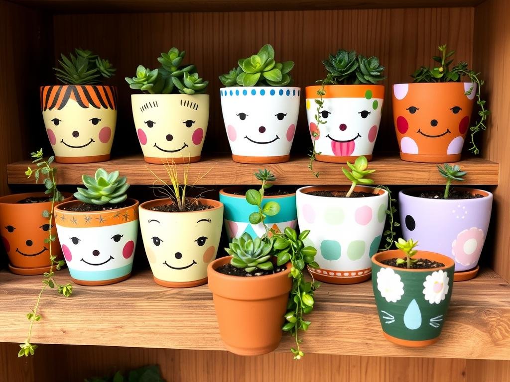 Collection of hand-painted terracotta pots with cute faces and colorful patterns Collection of hand-painted terracotta pots with cute faces and colorful patterns