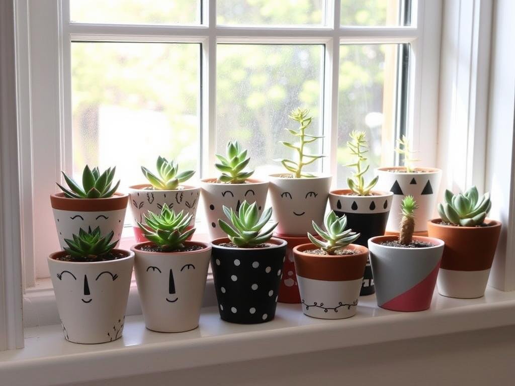 Collection of hand-painted terracotta pots with geometric patterns and faces, easy diy room decor for plant lovers Collection of hand-painted terracotta pots with geometric patterns and faces, easy diy room decor for plant lovers
