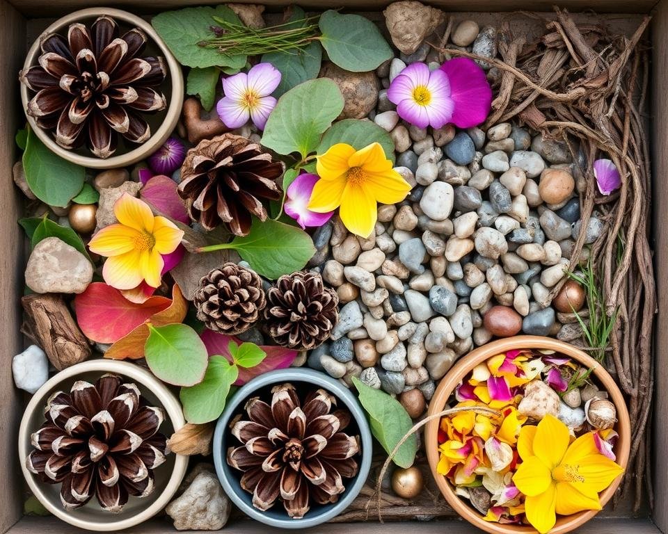 Collection of natural materials like pinecones, leaves, flowers, and pebbles arranged as mud kitchen ingredients Collection of natural materials like pinecones, leaves, flowers, and pebbles arranged as mud kitchen ingredients