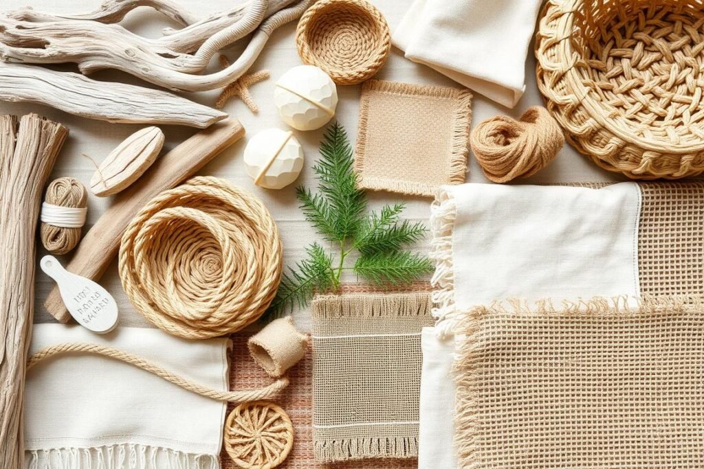 Collection of natural materials used in beach room decor including driftwood, seagrass, jute, and rattan