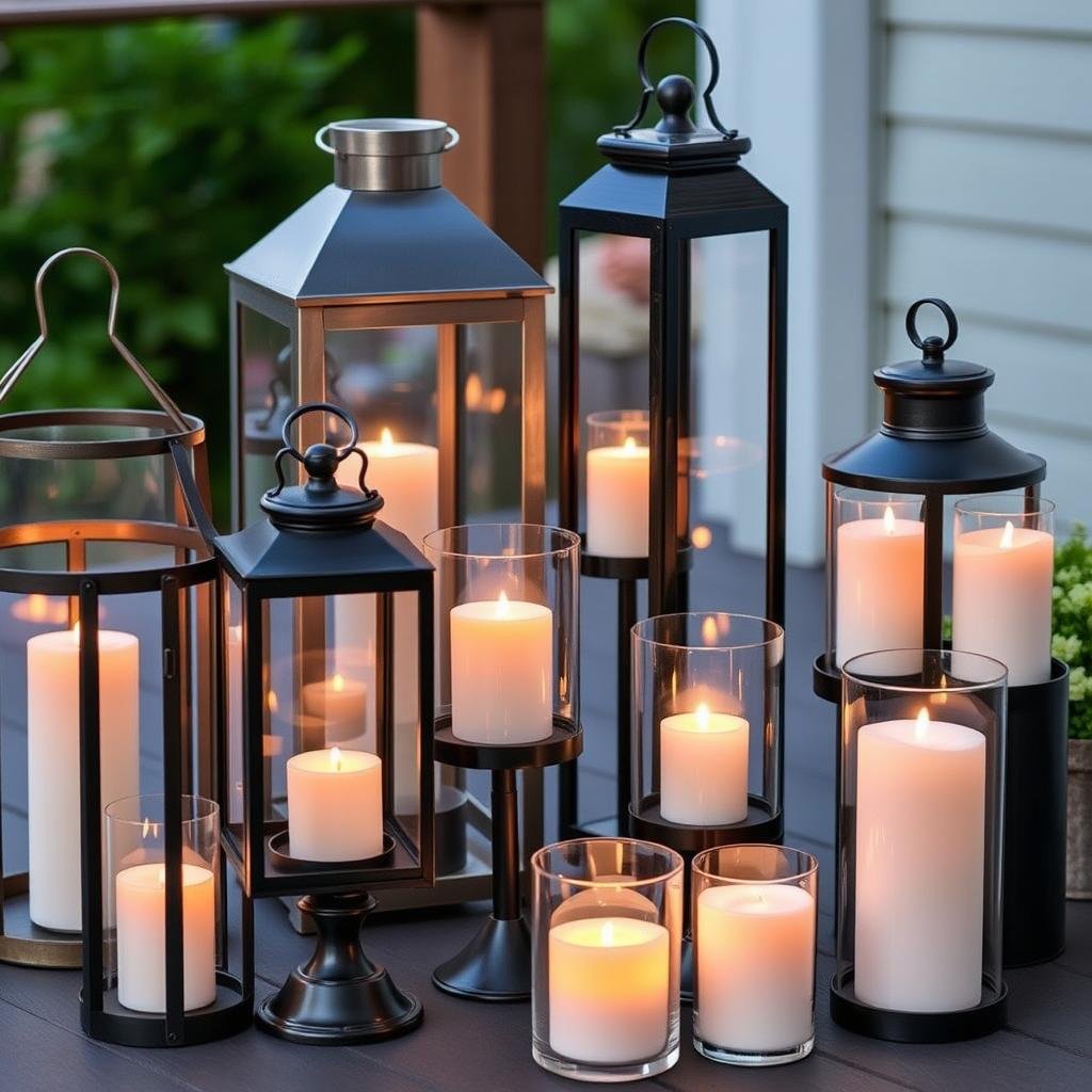 Collection of outdoor lanterns and candles creating evening ambiance