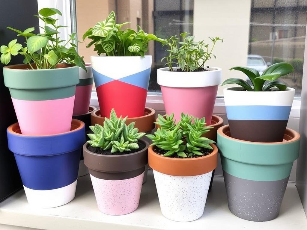 Collection of painted terracotta pots as custom planters