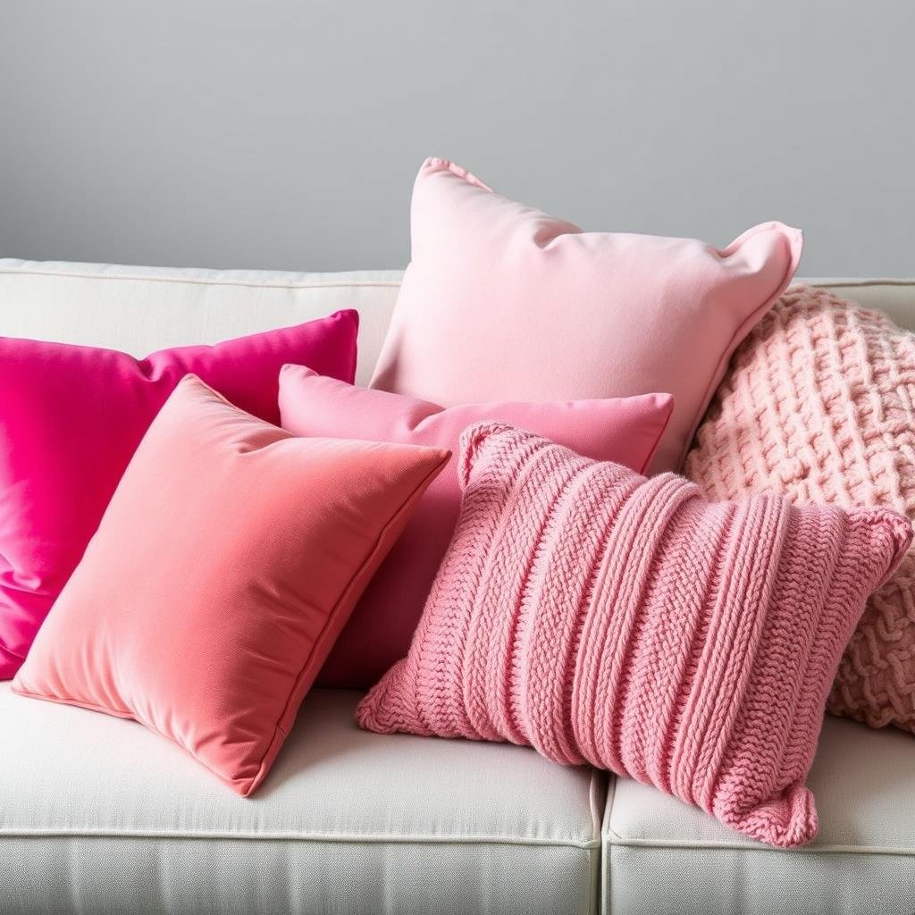 Collection of pink throw pillows in various textures and shades